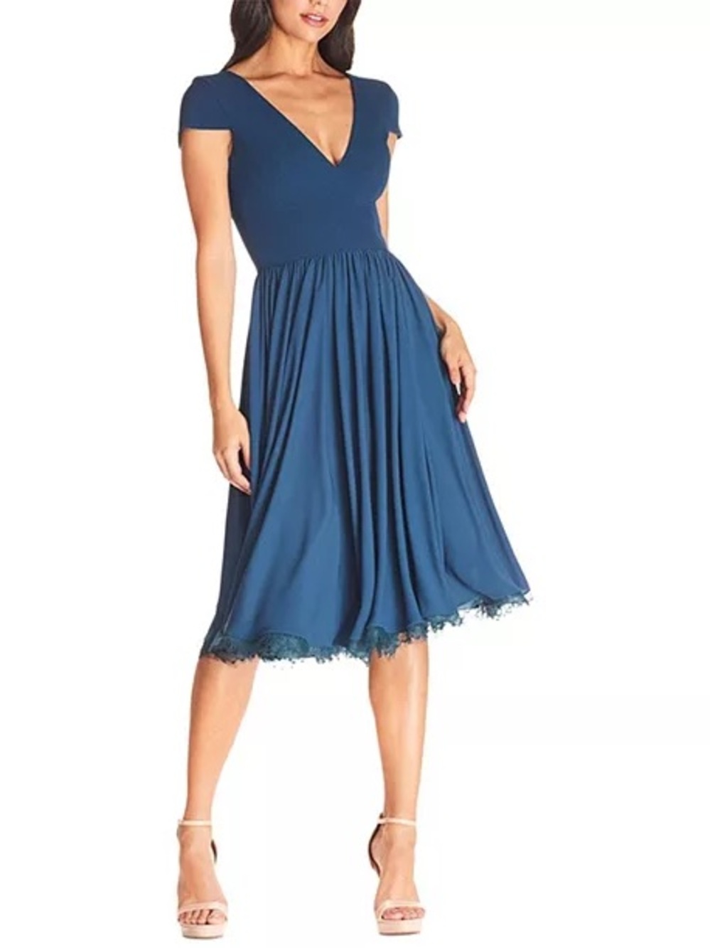 Dress the Population Sz XL Corey Deep V-Neck Lace Trim Midi Dress Peacock Blue
